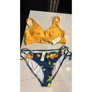 Cupshe 2 Pc Women's Bikini Yellow Twist Top Lemon Orange Print Bottoms XL NWT